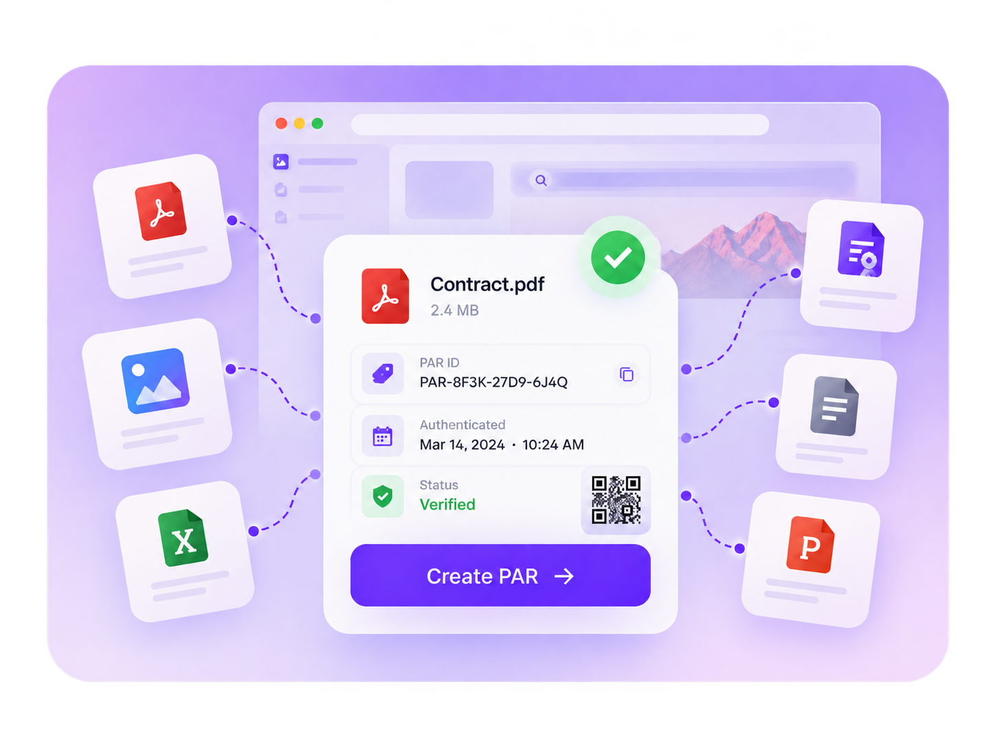 PAR file authentication interface showing a verified file, PAR ID, timestamp, QR reference and Create PAR action